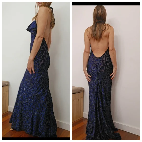Nwot revolve studio pm Luxury Cobalt Velvet Leopard Semi Sheer Maxi Dress Gown s - Picture 4 of 7